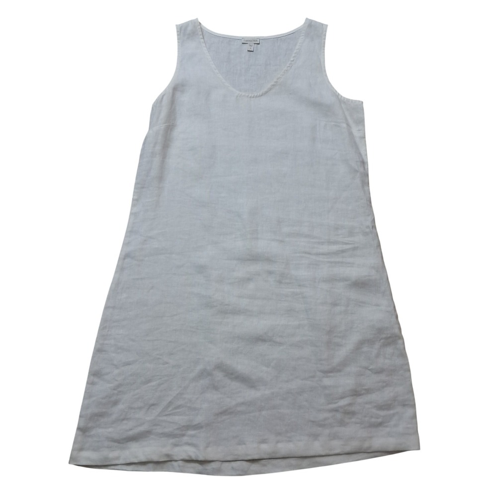 Garnet Hill Dress Womens 8‎ White Linen Shift V-Neck Sleeveless Lagenlook Casual